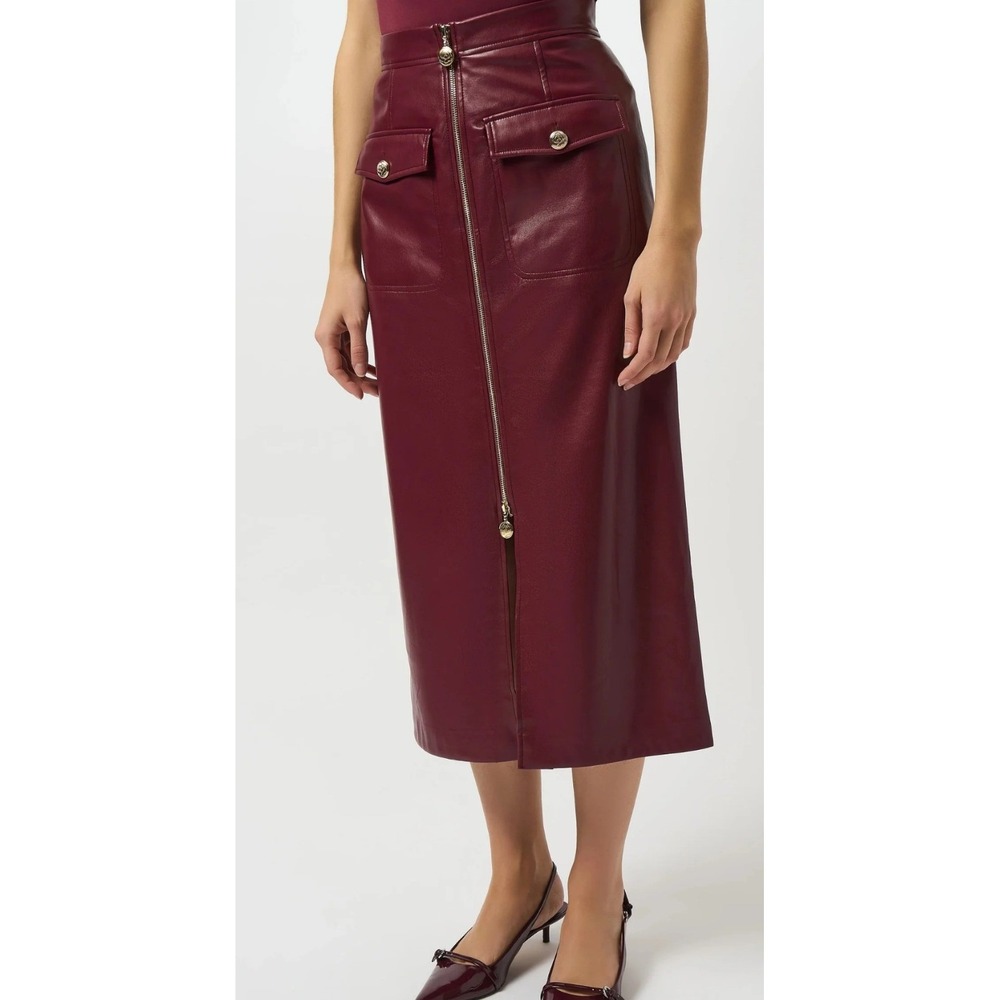 Joseph‎ Ribkoff Faux Leather Midi Skirt SZ 10 Burgundy Excellent Zip Front Cargo